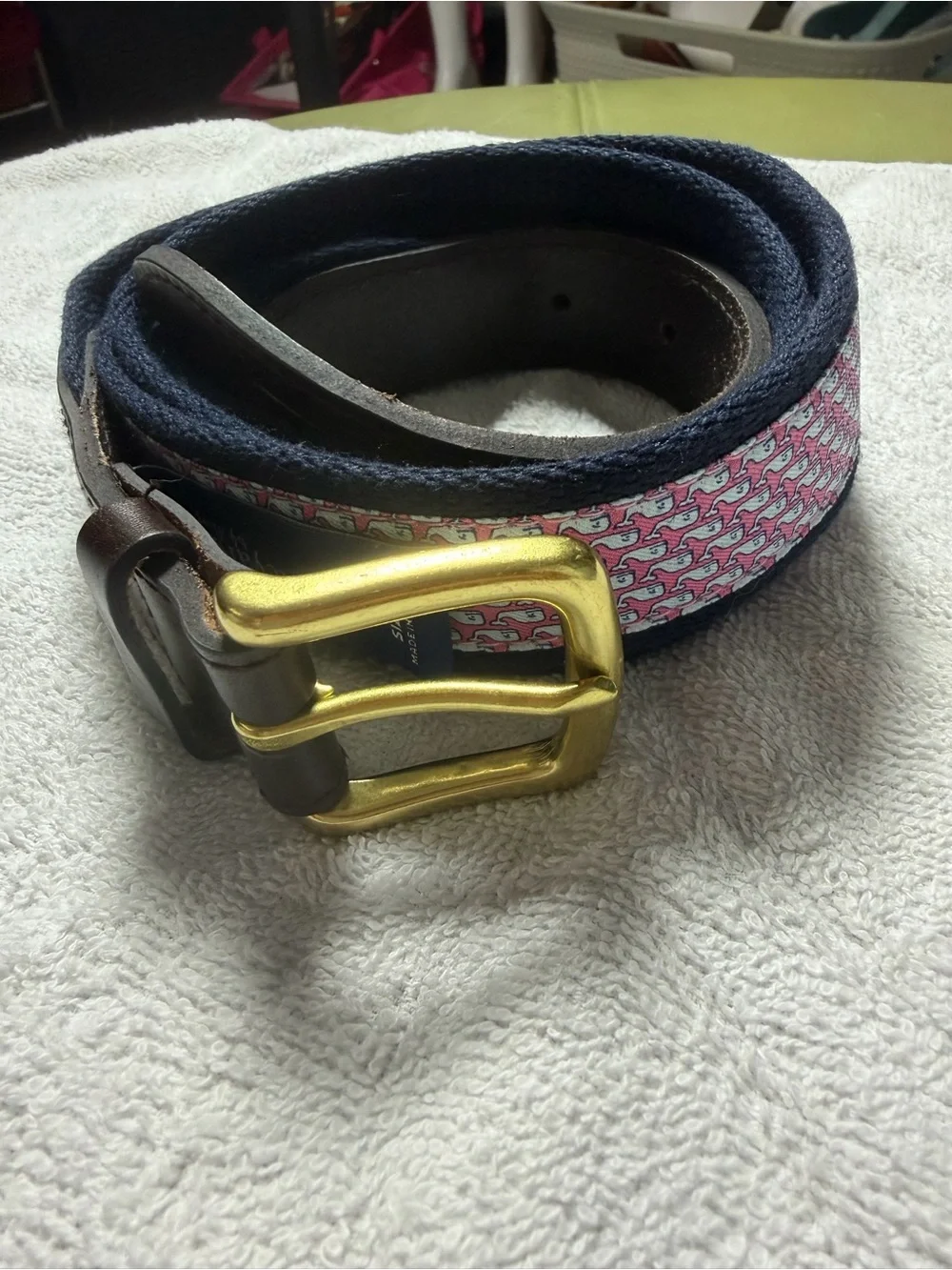 Vineyard Vines Pink Patterned Leather Belt with Gold Buckle